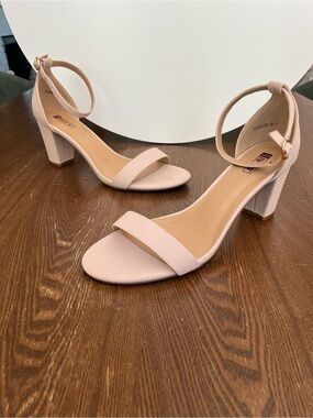 Open Toe Block Heels with Ankle Strap, Nude, Size 11